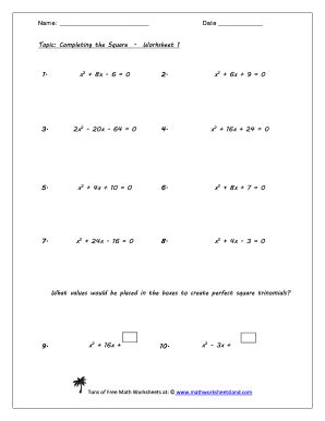 In this completing the square worksheet, students learn how to use the complete the square method to solve an equation. Completing The Square Worksheet - Fill Online, Printable ...
