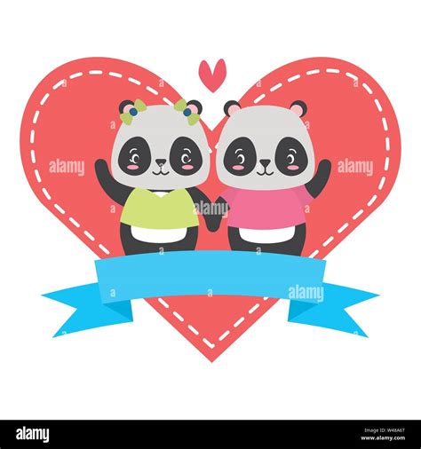 Cute Couple Panda Animals Heart Love Ribbon Stock Vector Image And Art