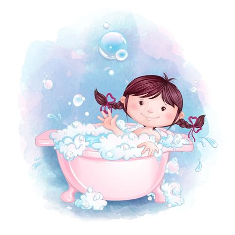 Una Niña Se Divierte Bañándose En Un Baño Rosa Con Espuma De Jabón Y