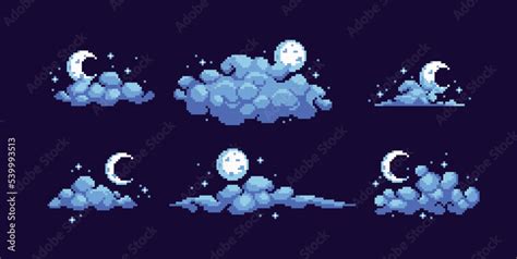 Night Sky With Fluffy Clouds Pixel Art Icon Set Smoke Or Fog With