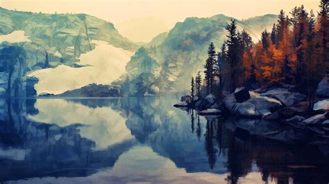 Nature Artwork Lake Hill Reflection Wallpapers Hd