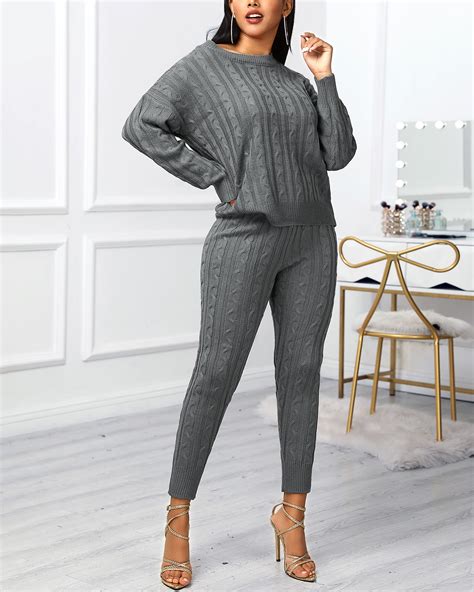 Solid Ribbed Knitting Casual Sweater Pants Sets Online Discover