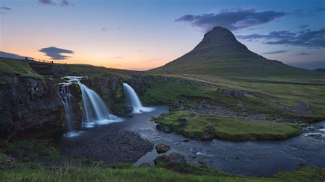 Nature Landscape Waterfall Sky Clouds Mountains Sunset