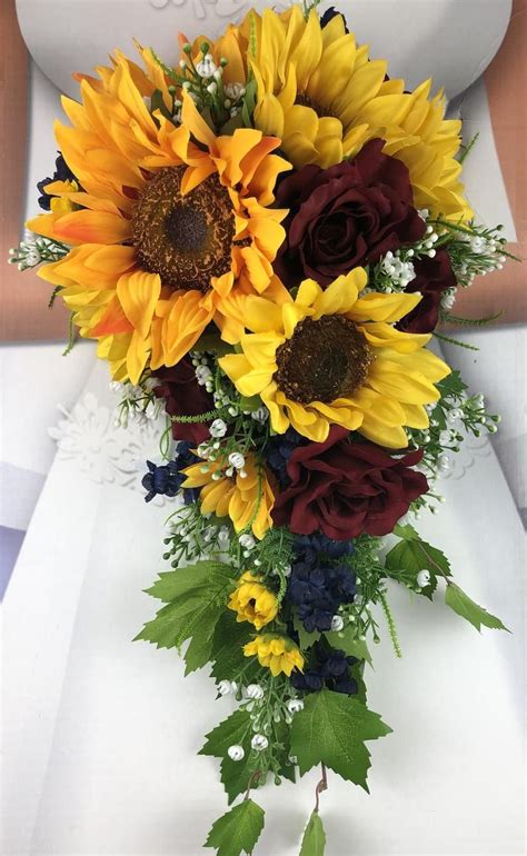 Artificial Bridal Flowers Burgundy Navy And Sunflower Bridal Etsy