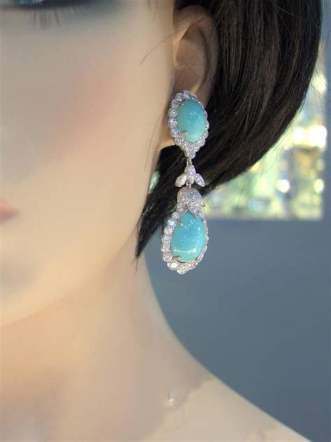 1960s Persian Turquoise Diamond Platinum Long Earrings At 1stDibs