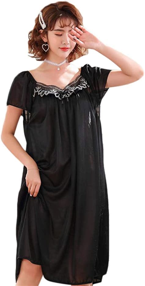Selmawomen Imitation Silk Loose Nightdress Short Sleeve Ruffles Solid