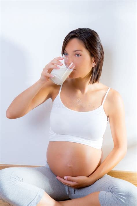 Beautiful Pregnant Woman Drinking Milk Stock Photo Image Of Female Glass