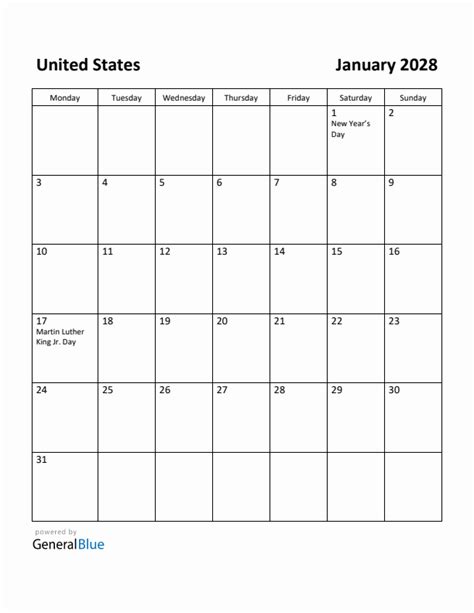 Free Printable January 2028 Calendar For United States