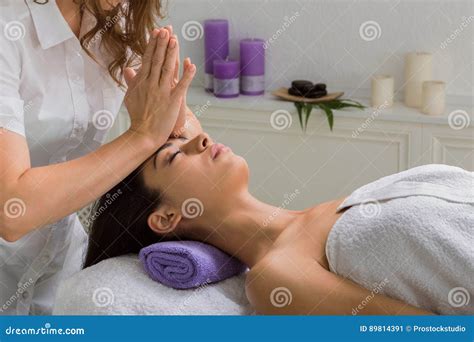 Woman Beautician Doctor Make Head Massage In Spa Wellness Center Stock Image Image Of