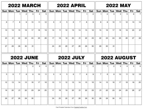 March To August 2022 Calendar Six Months