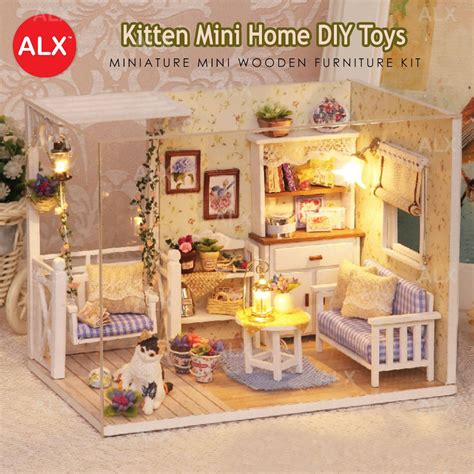 Alx Premium Diy Kitten Cat Dollhouse With Led Miniature Mini Wooden