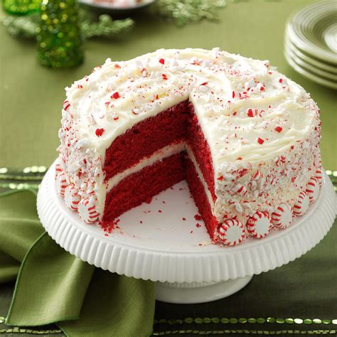 The red velvet cake is decorated with whipped cream,pine. Peppermint Red Velvet Cake Recipe | Taste of Home