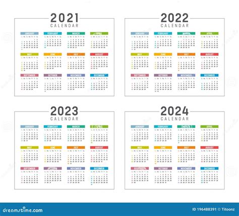 Years 2021 2022 2023 2024 Colorful Calendars Stock Vector