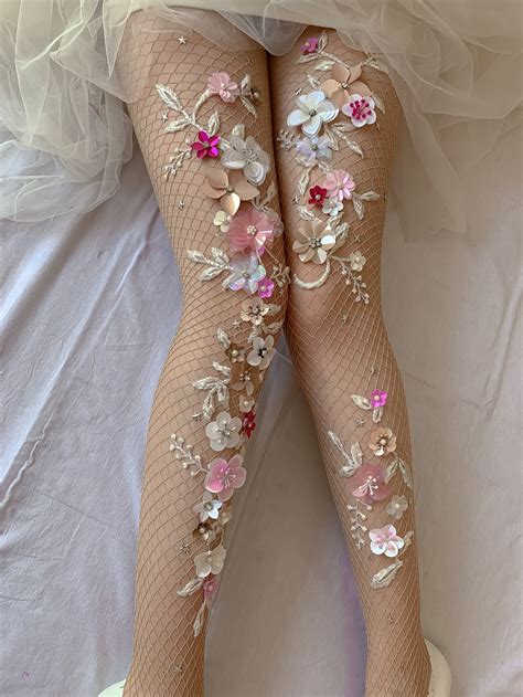 British Rose Fishnet Stockings Embroidered Floral Wedding Etsy