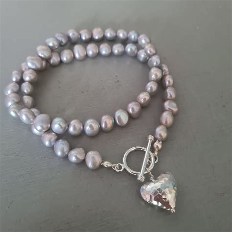 Grey Baroque Freshwater Pearl Necklace Sterling Silver Hammer Heart