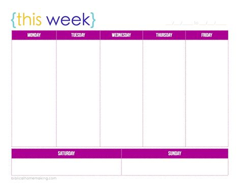Free Printable One Week Weekly Calendar