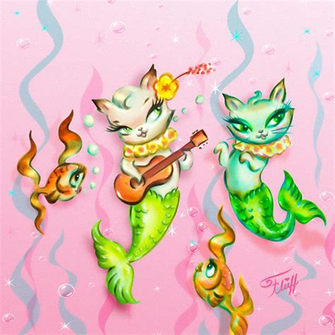 Cute Mermaid Cats Or Merkittens Playing The Ukelele And Dancing With