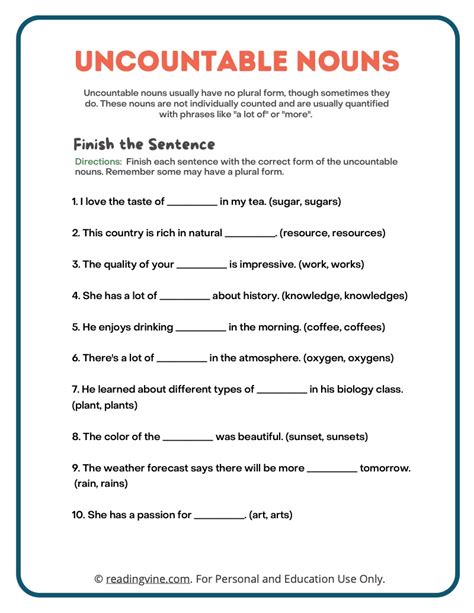 Countable And Uncountable Nouns Worksheets Examples