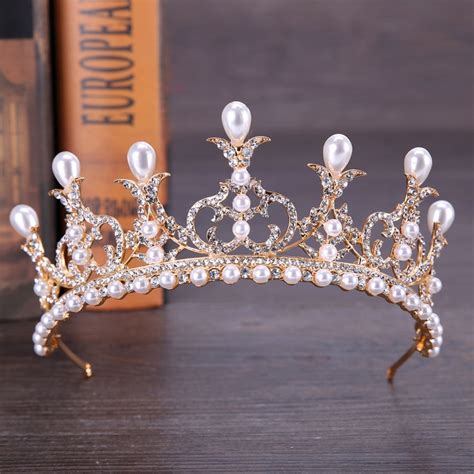 High Quality Sparkly Rhinestone Princess Crown Classic Simulated Pearl