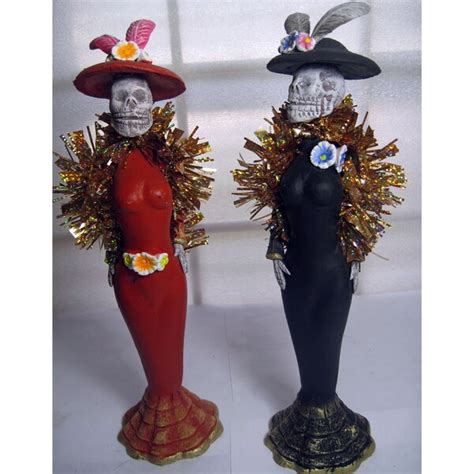 Handmade Set Of 2 Ceramic Catrina Figures Mexico Free Shipping