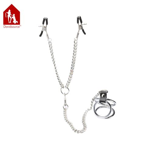 Davidsource Clothespin Nipple Clamps With Chain And Triple Cock Ring Restraint Metal Breast Clips
