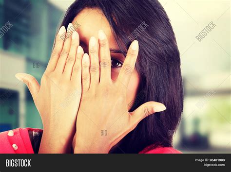 Shy Woman Peeking Image And Photo Free Trial Bigstock