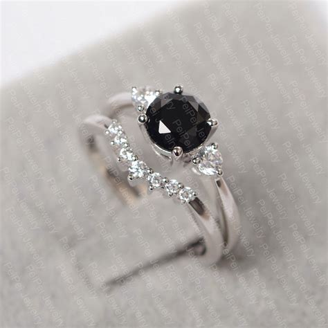 Black Spinel Engagement Ring Sterling Silver Round Cut Stone Etsy