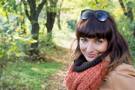 Beautiful Brunette Posing In Autumn Park Stock Image Image Of Footpath Pleasure 34822323