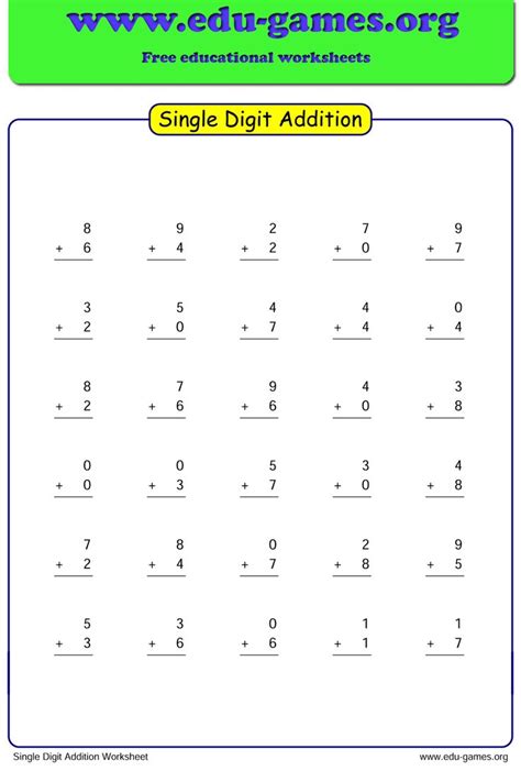 Free Single Digit Addition Worksheets In Vertical Format With Plenty