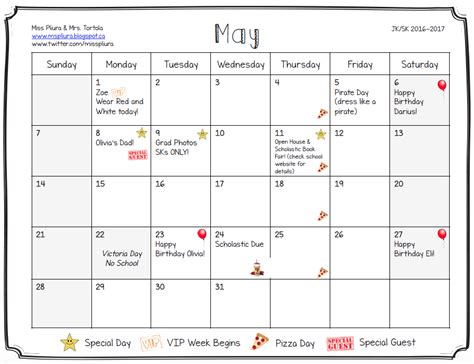 Miss Pliuras Kindergarten Class Announcements May Calendar