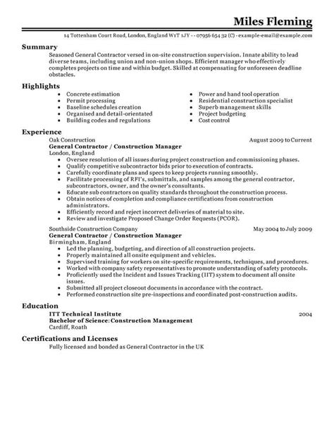 General Contractor Resume Examples Construction Livecareer