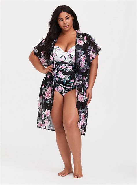 Women's beach cover up swimsuit kimono cardigan with bohemian floral print. Black Mesh Floral Kimono Swim Cover-Up | Kimono swim cover ...