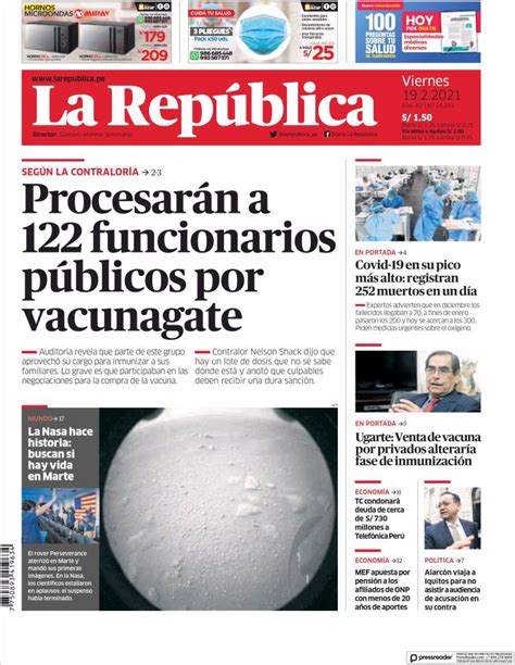 Periódico La Republica Perú Periódicos De Perú Edición De Viernes