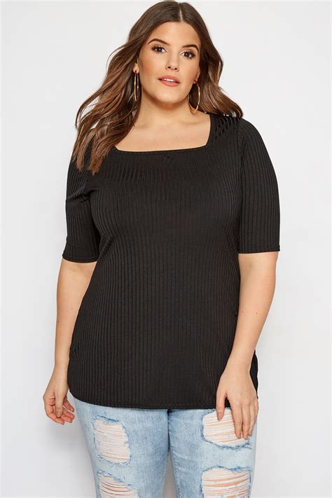 Plus Size LIMITED COLLECTION Black Square Neck Ribbed Top | Sizes 16 to ...