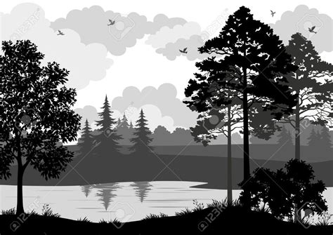 Landscape Trees River And Birds Black And Grey Silhouette Contour On