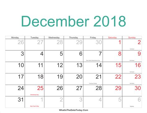 December 2018 Calendar Printable With Holidays Whatisthedatetodaycom