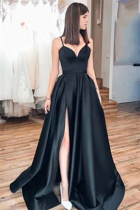 Simple Black Satin Long Prom Dresses Side Slit Elegant Evening Dress