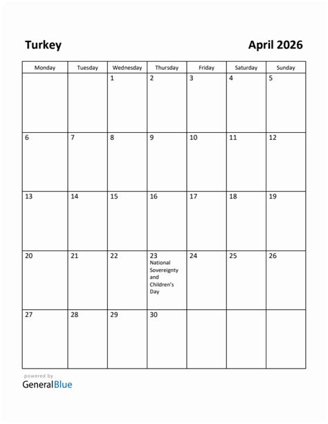 Free Printable April 2026 Calendar For Turkey