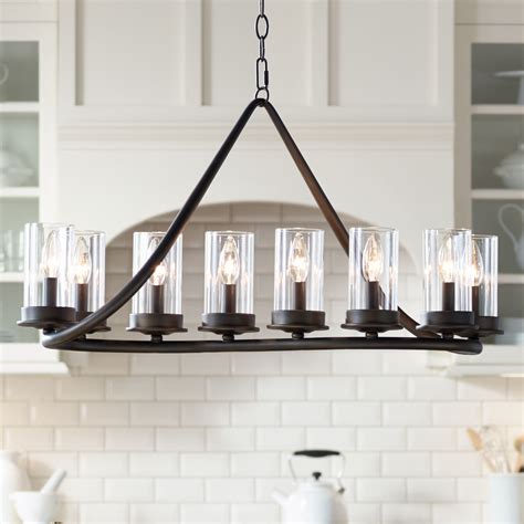 Franklin Iron Works Bronze Large Linear Island Pendant Chandelier Wide Modern Rustic Glass