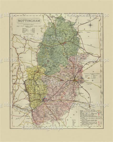 Antique County Map Of Nottinghamshire Circa 1884