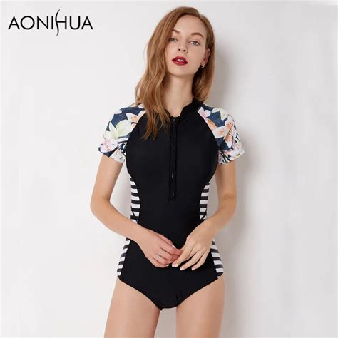 Aonihua Black Swimsuit 2018 Slim Striped One Piece Swim Suits Women Short Sleeve Retro Floral