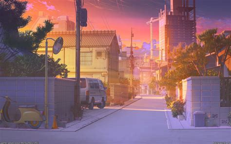 Download 2560x1600 Anime Street Scenic Sunset Buildings Car Wall Wallpapers For Macbook Pro