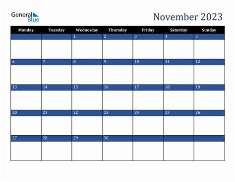 November 2023 Monday Start Calendar Pdf Excel Word