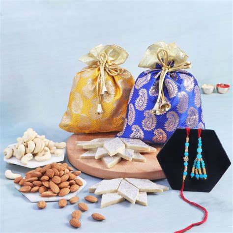 Bhaiya Bhabhi Rakhi With Kaju Katli And Dry Fruits In Potlis Gift Send