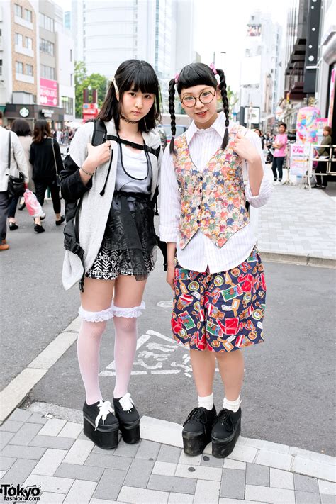 harajuku girls w twin braids glasses sheer dress and platform sneakers