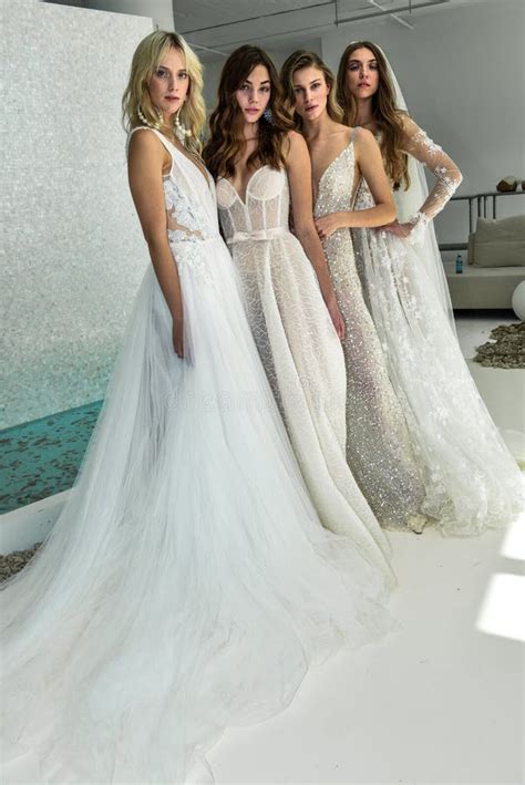 models posing during the galia lahav fall 2020 bridal presentation editorial stock image image