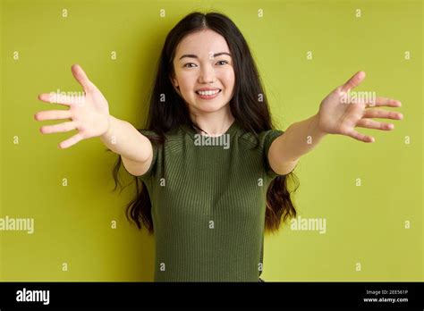 Lets Hug You Young Caucasian Woman Spreading Arms Going To Hug