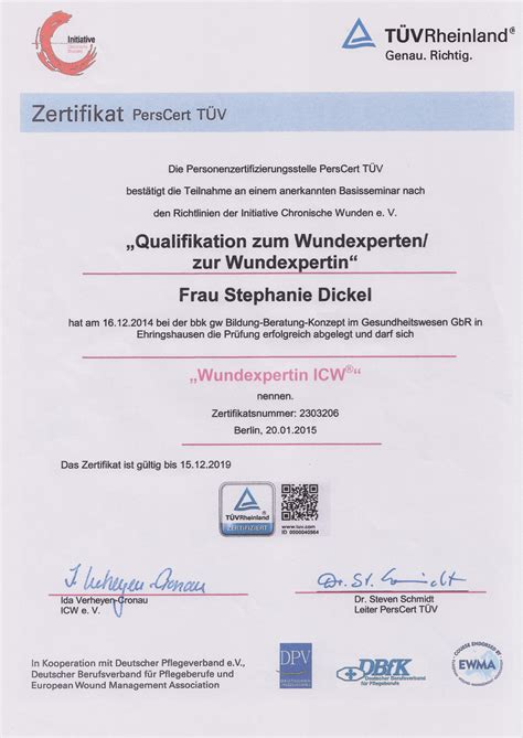 Nach bestandener prüfungsklausur und der erfolgreich bewerteten hausarbeit erwerben die teilnehmer/innen den abschluss. Wundexpertin ICW - Arztpraxis Netphen - M. George - Dr. W. Litz