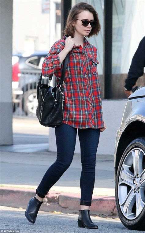 Lily Collins Outfits Casual Slim Fit Pants Street Fashion Tartan