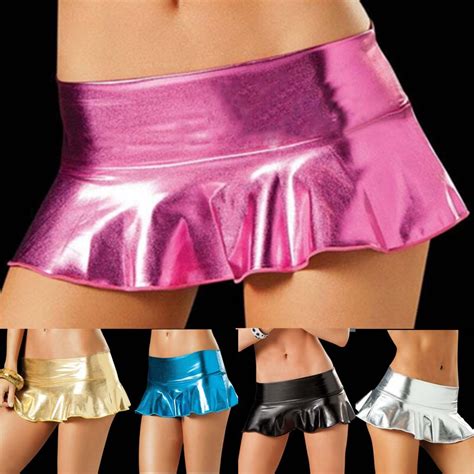 Sexy Micro Mini Skirts Lingerie Shiny Metallic Ruffle Mini Skirts Exotic Dancer Costume